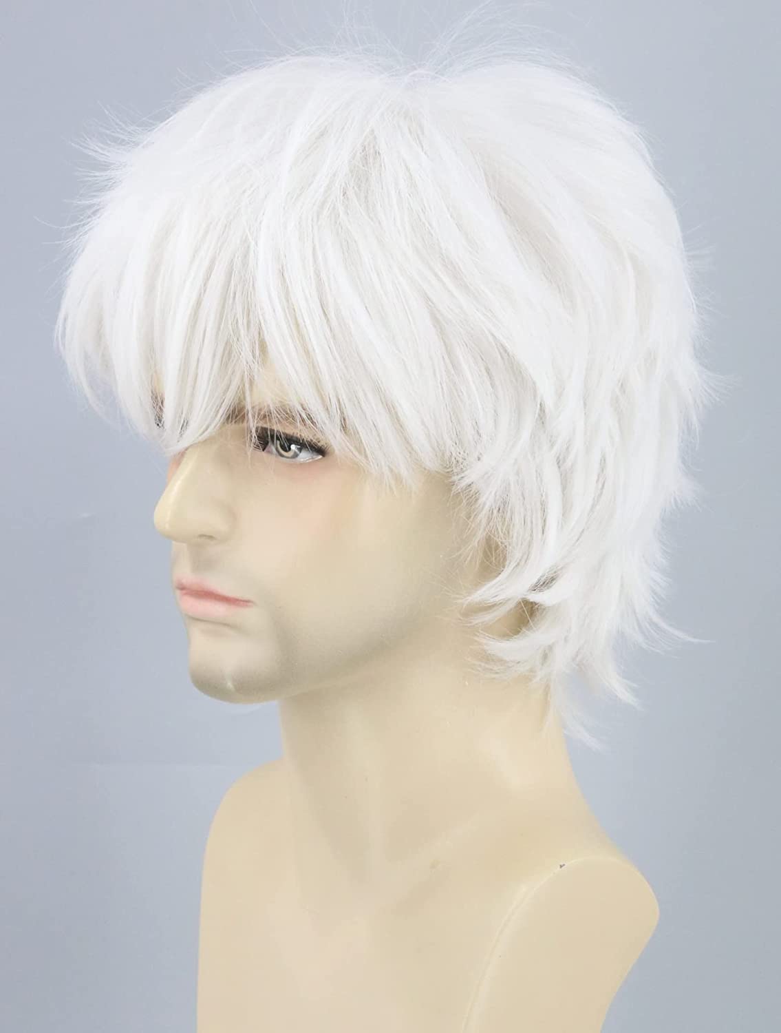 Topcosplay Short White Wig for Men or Women Anime Cosplay Wig Layered Fluffy Costume Wigs