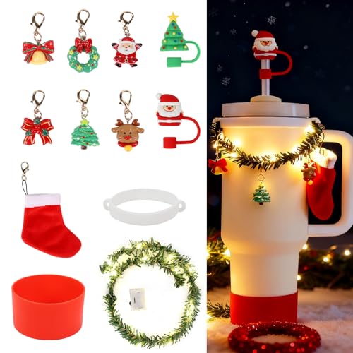3tyto 12Pcs Christmas Stanley Cup Accessories Set Including Light Up Christmas Garland, Straw Toppers, Silicone Boot, Water Bottle Charm for Stanley Tumbler 40oz&30oz