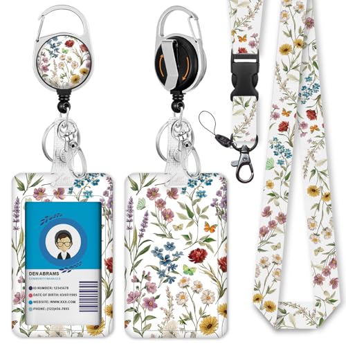 Cordon floral pour badge avec enrouleur rétractable et clip pince