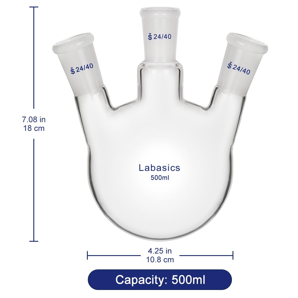 Labasics 500ml RBF Fond Rond Ballon Laboratoire en Verre à 3 cou, 3 Neck Round Bottom Flask avec Joint Extérieur Standard 24/40-500ml