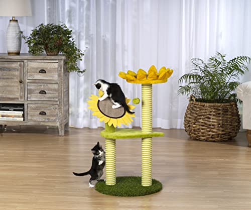 Image of Prevue Pet Products Sunflower Playground - Yellow and Green | Sunflower Pet Activity Center with Dangling Toy & Cat Scratcher, Durable Posts and Padded Platform Levels
