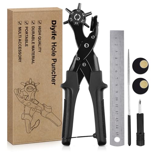 Diyife® Leather Hole Punch, Heavy Duty Belt Hole Punch, Revolving Punch Plier Kit with Extra Grinding Needle, Punch Plates, Ruler and 6 Marked Hole Sizes for Watch Band, Crafting, Fabric - Black