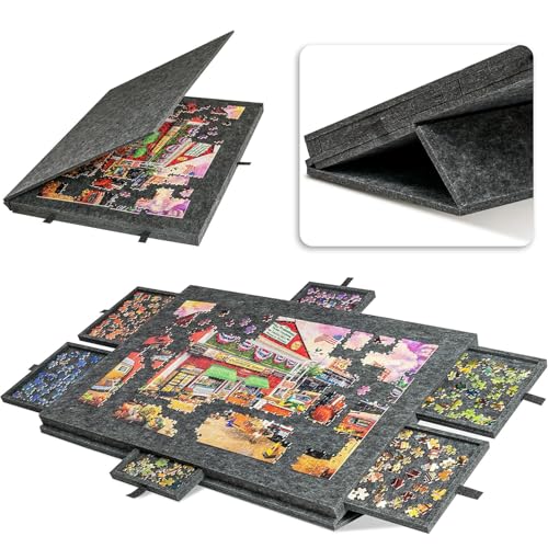 Delehehe Puzzle BoardPortable Jigsaw Puzzle Table for Up to 1000 Pieceswith 2-in-1 Designed Stand & Cover Super Lightweight Felt Plateau Storage with 6 Drawers for Adults & Kids (Gray)