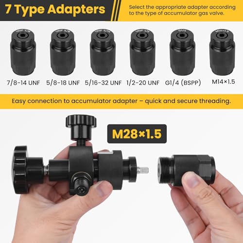 Image of Upgraded Hydraulic Nitrogen Accumulator Charging Kit, Pressure Test and Fill System, Gas Charge Tools with 3 Gauges, 7 Accumulator Adapters with Flat-Cut Design, G5 /8 to CGA580 Adapter