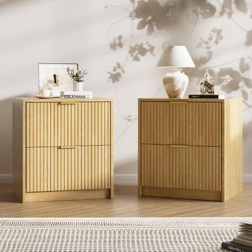 Image of Fluted Nightstands Set of 2 with 2 Drawers, 19.6 inch Modern Storage Bedside Table with Golden Metal Handles, Nature