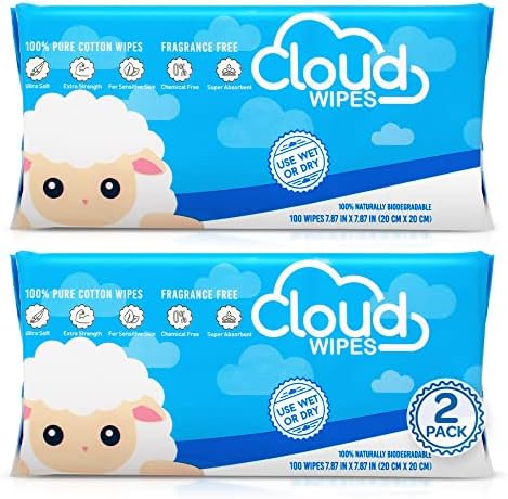 Cloud Wipes Pure Dry Cotton Baby Wipes Soft Durable Unscented Cloth Tissue for Sensitive Skin (2-Pack 200 Count)