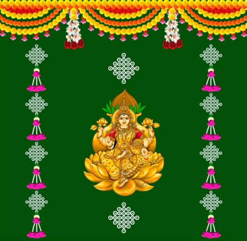 Image of varalakshmi Pooja decorationss backdrops | Lakshmi Green Home Mandir Wall Decoration backdrops 5x5 Feet | laxmi poojas Decorations | poojas backdrops for Decorations