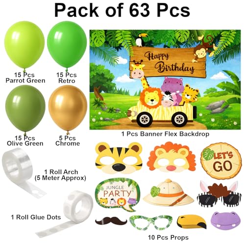 Image of Rozi Decoration Jungle Theme Birthday Decoration Kit Set of 63 Pcs with Banner Flex Backdrop, Green Balloon Garland Kit, Photo Booth Props, Glue Dots and Arch for Kids Safari Theme Birthday Decoration
