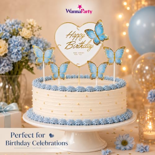 Image of Wanna Party Happy Birthday Cake Topper with Blue Butterflies, 5 Pcs Butterfly Cake Decoration Set for Birthday Cake, Cupcake, Dessert Table, Party Decor & Celebration Supplies