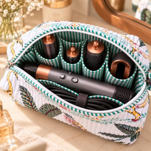 Image of Dyson Airwrap Travel Storage Bag Compatible with Hair Styler & Attachments - 100% Cotton Quilted Organizer with 6 Compartments & Carry Handle |Multi use Toiletry, Makeup & Hair Pouch (Cheetah-White)