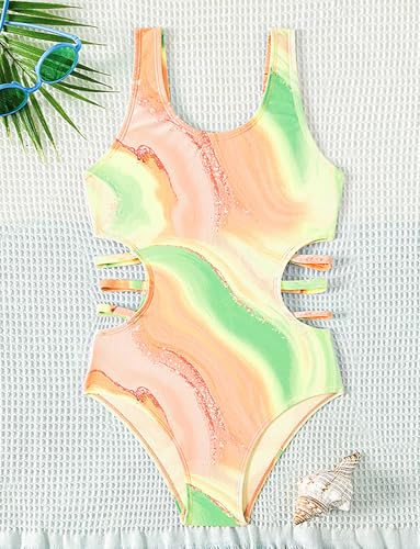 Image of SEAUR Girls' One-Piece Swimwear Cute Tie Dye Side Cutout Swimsuit Summer Quick Dry Beach Hawaiian Bathing Suits
