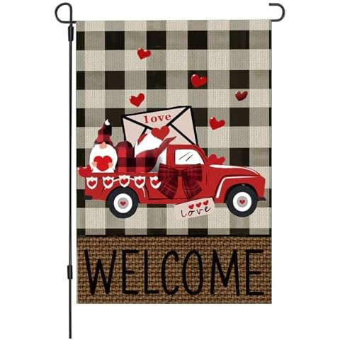 Valentine's Day Garden Flag 12 x 18 Inch, Double Sided Red Truck Love Heart Garden Flag，Holiday Outdoor Outside Welcome Lawn Decoration Cover