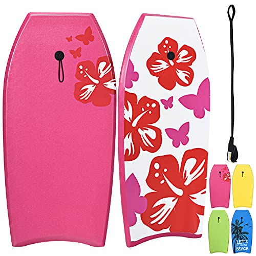 RELAX4LIFE Schwimmbrett tragbar, Schwimmboard mit Halteleine, Rutschfestes Surfbrett für Kinder & Erwachsene, Surfboard bis 85 kg belastbar, Bodyboard Shortboard, 104 x 52 x 6cm, XPE HDPE (Rosa)