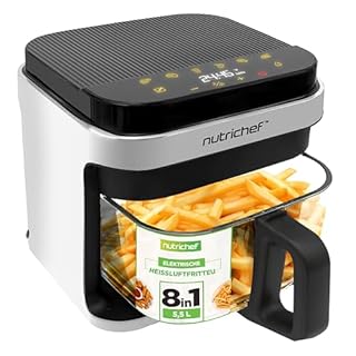 NutriChef Heißluftfritteuse 5,5 L Weiß – Elektrische 8-in-1 Airfryer mit Glasbehälter & LED-Touchdisplay - Ölfreies Frittieren - 360° Heißluftzirkulation - Für Pommes, Hähnchen, Gemüse & mehr