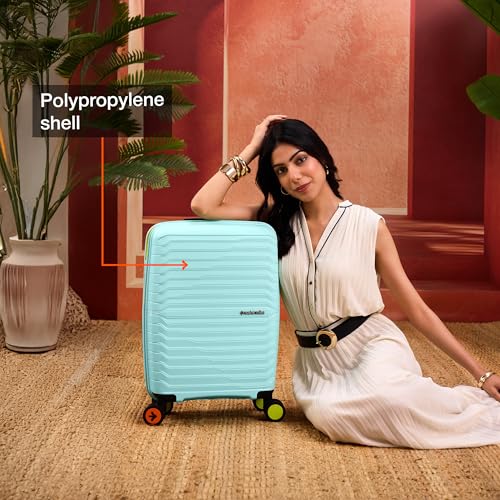 Image of Nasher Miles Cairo Hard-Sided Polypropylene Cabin Luggage 20 inch | 55cm | 8 Wheels Small Trolley Bag for Travel | Suitcase (Pastel Green & Neon)