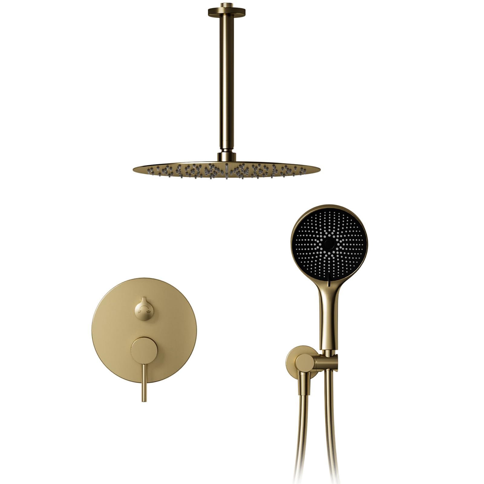 Columna ducha,Rociador de ducha de alta presión redondo 40 x 40 cm,Cabezal de ducha de lluvia ajustable 360°,Con boquilla antical,Juego de ducha de baño de oro cepillado,Kit de ducha con ducha de mano