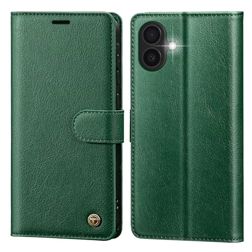 Étui en cuir iPhone 16 vert à rabat avec porte-cartes