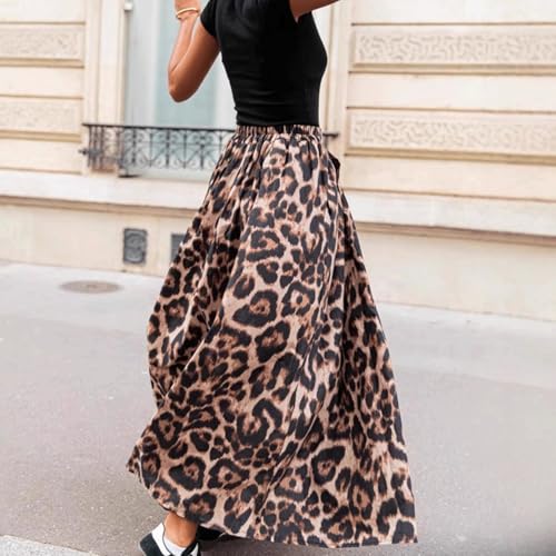 Leopard Skirt A-Line Swing Pleated Maxi Skirts for Women Cheetah Print with Pocket 2025 Spring2