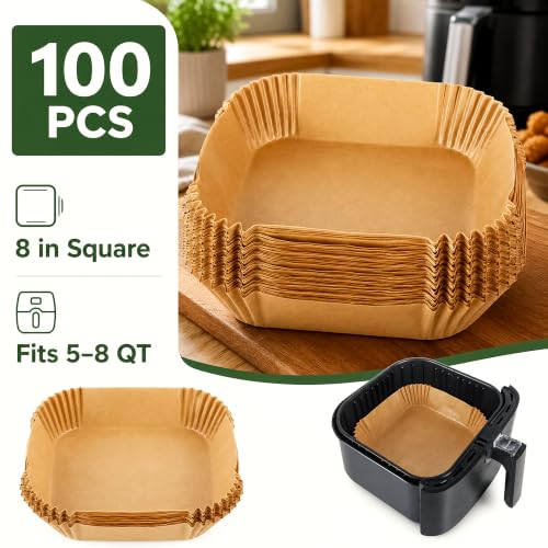 Image of Eightiz 100 PCS Air Fryer Paper Liners, Disposable Parchment Paper, Oil-Proof Non-Stick Baking Sheets for Air Fryer, Microwave, Baking, Roasting, Frying & Cooking (Square, 8 Inch).