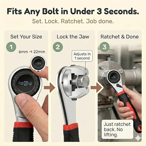 Image of Homero Adjustable Ratchet Wrench 6-22mm Universal Spanner Tool | 60 Tooth Quick Ratchet Mechanism | Chrome Vanadium Steel Multi Size Wrench | Plumbing, Car Repair, Home Maintenance Hand Tool