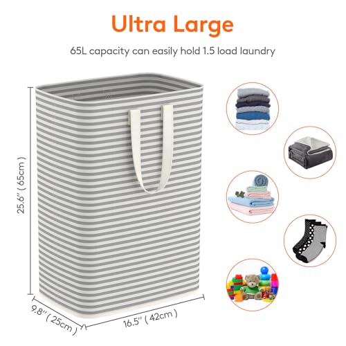 Image of Lifewit 1 Pack Laundry Basket 65L Each, Collapsible Clothes Hamper with Reinforced Handles, Freestanding Waterproof Design for Bedroom and Laundry Room, Grey 65L Total