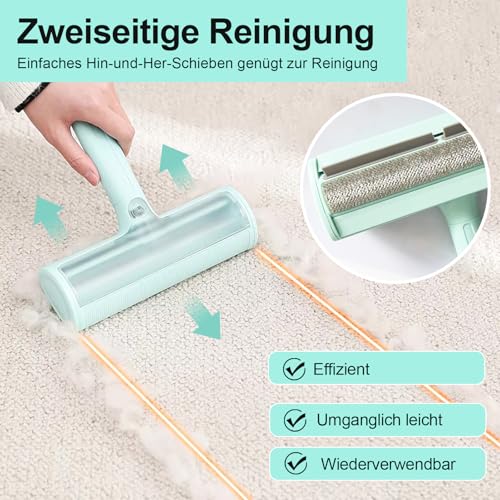 2025 Upgrade Tierhaarentferner Fusselrolle mit abnehmbarem Griff– Wiederverwendbarer, selbstreinigender Katzen- & Hundehaarentferner, Fusselbürste für Tierhaar, Geeignet für Sofas, Kleidung (Grün)
