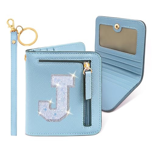 Image of COSHAYSOO Initial Wallet Small for Women Men Teenager Girls Travel Daily Necessities Bifold Letter Wallet Compact Credit ID Cards Money Cash Coin Storage Organizer, Blue, Compact, J