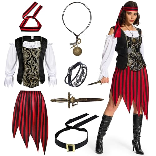 Ulikey Disfraz Pirata Mujer, Vestido Pirata Mujer, Conjunto de Disfraz de Pirata Adulto con Top Pirata, Falda, Diadema Pirata, Cinturón, Collar, Pulsera para Halloween y Carnaval (S)