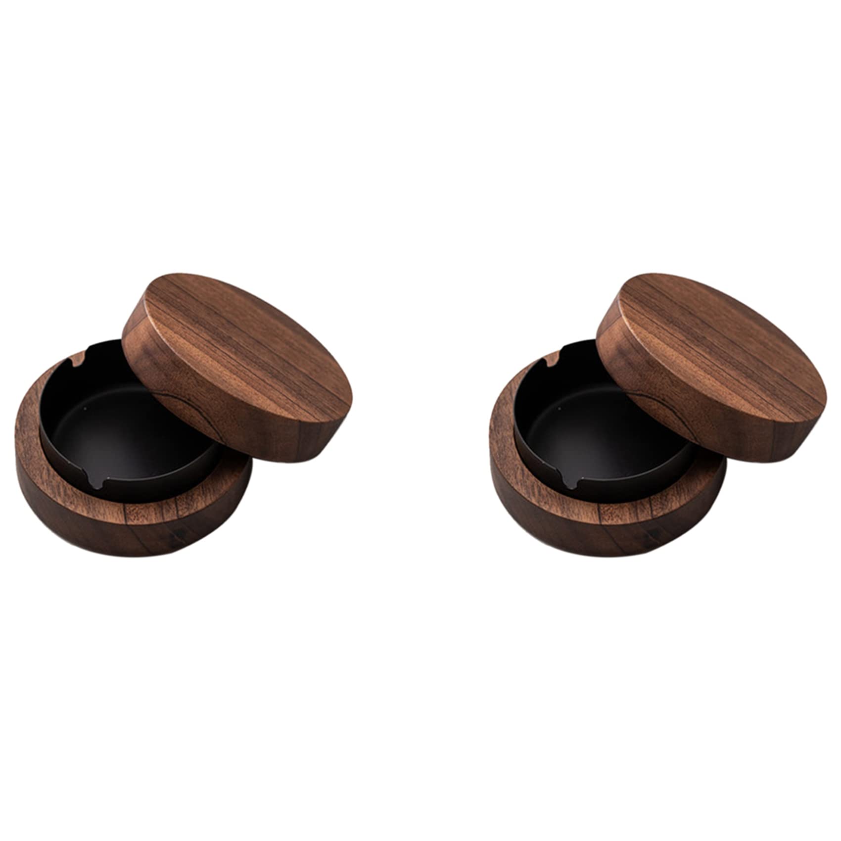 Hndhbfgrt 2X Walnut Ashtray with Lids Windproof Wooden Ashtray Portable Ash Holder for Smokers Desktop,Men's Gift(Black)