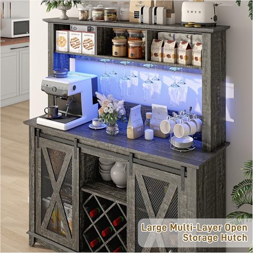 Image of 47 inchWide 56 inchH Farmhouse Coffee Bar Cabinet with Power Outlet and LED Light,Wine Bar Cabinet w /3 Storage Hutch,Kitchen Buffet Cabinet with 10 Wine and Glass Racks for Kitchen Dining Room(Dark Oak)