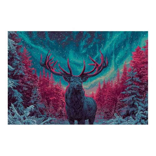 Art mural sur toile de qualité premium cerfs de l’aurore boréale multicolore PUQAAEO