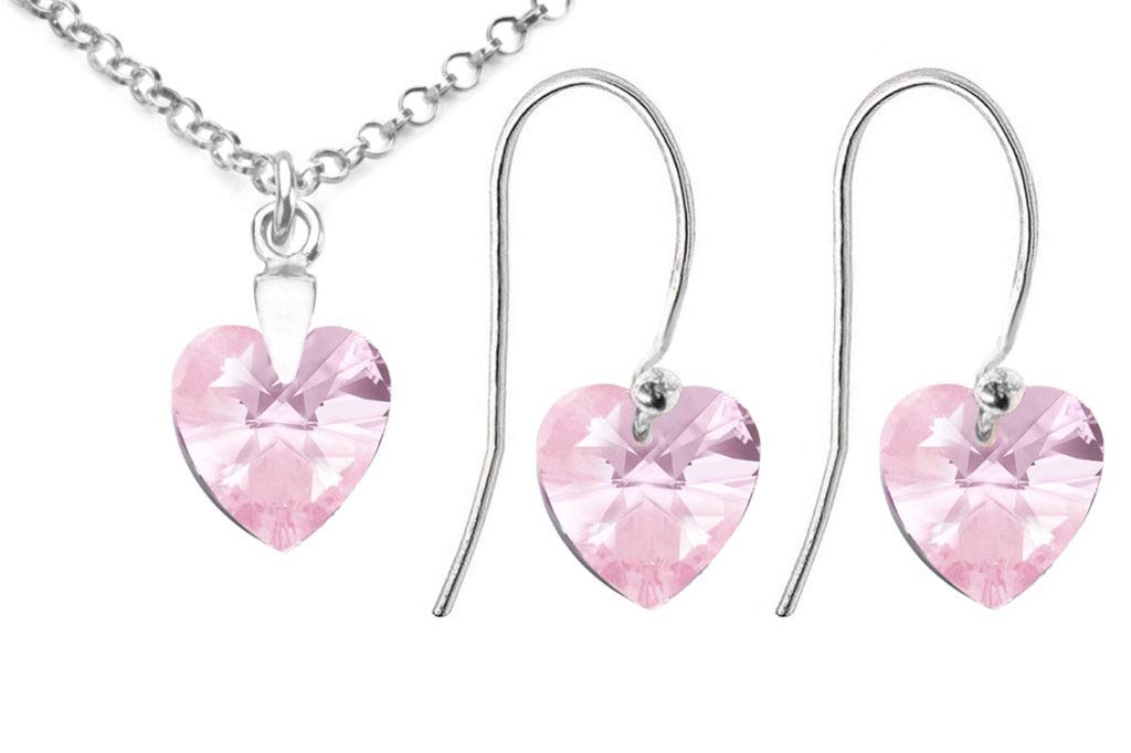 GIFT BOXED! Ah! Jewellery Ladies Eye Catching Sterling Silver 10mm Rosaline Heart Crystal Fish Hook Earrings & Necklace Set, Stamped 925.