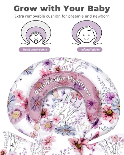 Image of TinlyFinly Infant Car Seat Insert with Extra Cushion for Preemie to Toddler, Reversible Newborn Carseat Insert for Baby Head Body Support, Fits for Stroller, Baby Swing, Bouncer (Purple Wildflower)