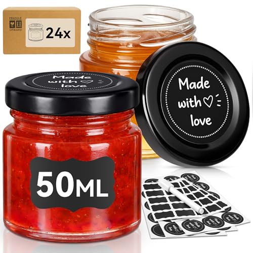 Aonext 24er Set Einmachgläser Klein 50 ml (65 ml Randvoll) mit Schraubdeckel Schwarz Mini Marmeladengläser Einweckgläser mit Deckel Kleine Gläser mit Etiketten zum als Kleines Geschenk