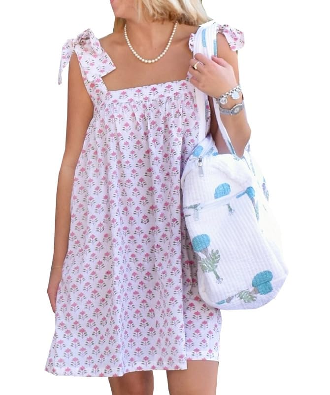 Image of Women Floral Tie Shoulder Mini Dress Cute Square Neck Loose Fit Beach Short Dress Backless Boho Vocation Sundress