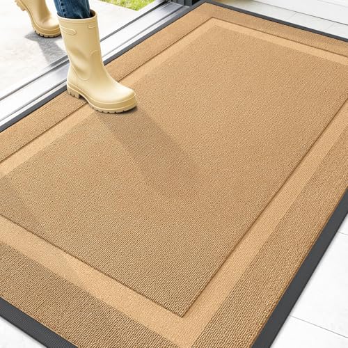 Image of OLANLY Front Door Mat Indoor Outdoor Entrance, Waterproof All-Season, All-Weather Doormat, Sturdy Natural Rubber, Low Profile, Easy Clean Patio Porch Entryway Mat, 47x32, Butter Yellow