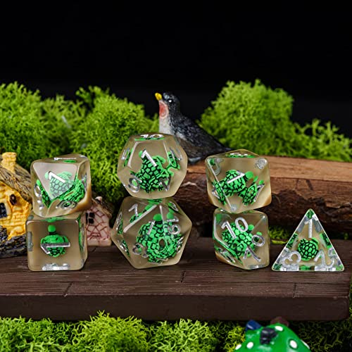 Image of Cusdie 7-Die DND Dice Set, Polyhedral Dice Filled with Green Turtle, for Role Playing Games