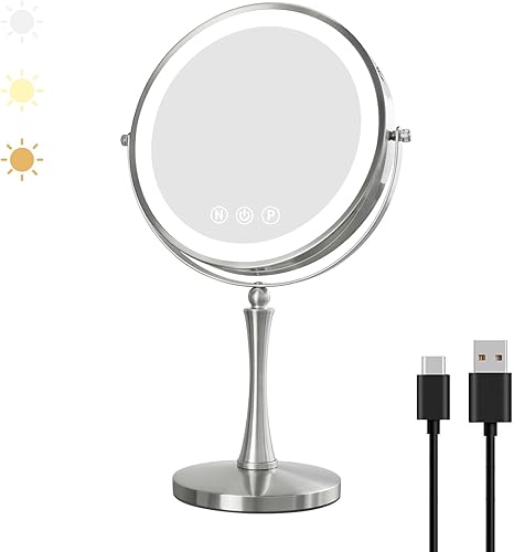 Nicesail Espejo de maquillaje grande iluminado de 9 pulgadas, espejo de tocador con aumento 1X10X con iluminación LED regulable de 3 colores,