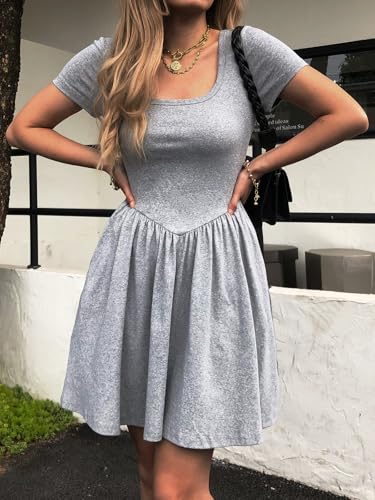 Image of Mieazom Women's Summer Casual Short Sleeve Mini Dress Square Neck A Line Pleated Swing Dresses Basic Short Dress with Pockets