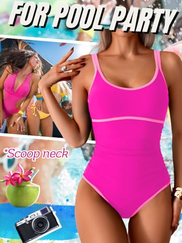 Womens Modest Color Block One Piece, Full Coverage Tummy Control Bathing Suit, Slimming Long Torso Sporty Swimsuits4