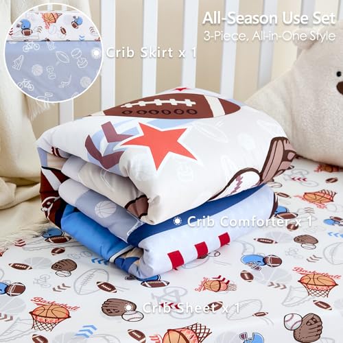 Image of 3-Piece Crib Bedding Set for Boys - Soft & Skin Friendly Baby Bedding Set Includes Crib Comforter, Sheet & Crib Skirt (Sports)