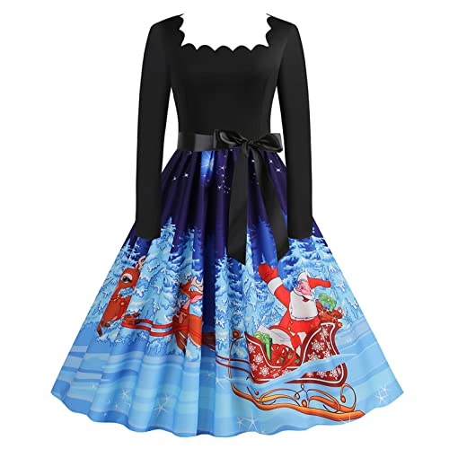 FGUUTYM Damen Weihnachtskleid Langarm Rundhals Vintage Patchwork Reißverschluss Casual Weihnachtskleid, B, XXXL