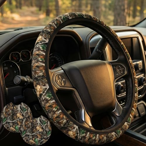 Camo Leaf Steering Wheel Cover + Camouflage 2 Pieces Car Coasters