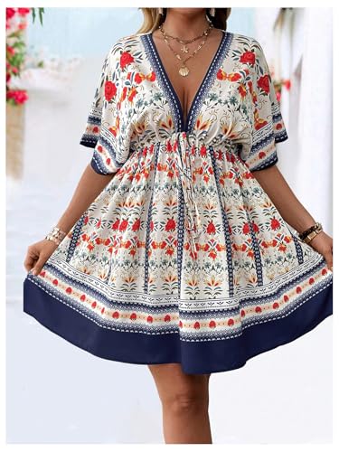 Image of Floerns Women's Plus Size Summer Vacation Wrap V Neck Short Sleeve Ruffle Hem A Line Hawaiian Short Dress