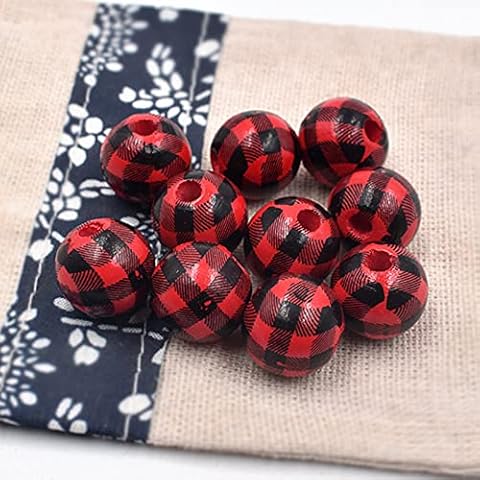 NeeyBing 100 PcsWooden Beads Set, Buffalo Plaid Beads for Halloween Thanksgiving Day Fall Christmas Crafts DIY Handmade Jewellery Making(16mm, Boxed) Cover
