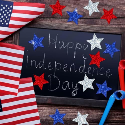 Image of 500 Pcs 4th of July Patriotic Stickers 1In American Sticker Fourth of July Label Red White and Blue Laser Glitter Star Sticker for Independence Day Memorial Day Reward Invelope Card Vote Stickers