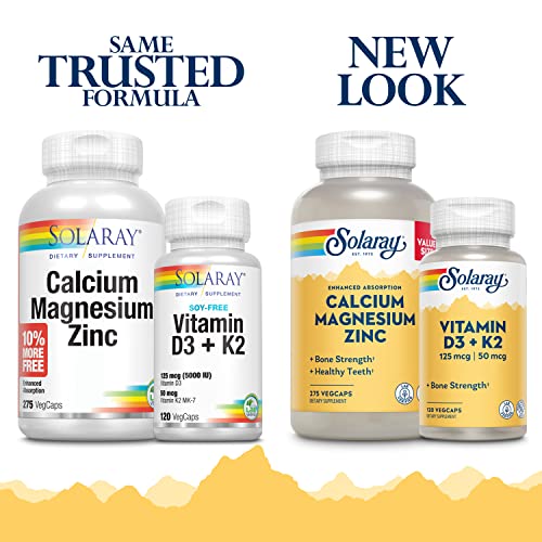 Solaray Calcium Magnesium Zinc 275Ct And Vitamin D3 + K2 120Ct | Bone, Heart & Immune Health Supplement Bundle #TOP1