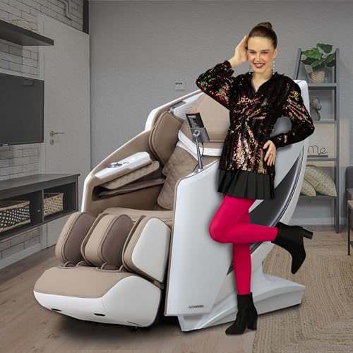 Image of ROBOTICVIBE RV7575 4D Massage Chair for Home | 18 Auto Programs | Health Detection Sensors | 143cm i-Open Flex Rail | 6 Aromatherapy Scents |Voice Control|Zero Gravity|Wireless Charging - White Brown