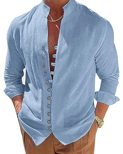 NANAMEEI Chemise Lin Homme Manches Longues Chemise Col Mao Homme Chemises Boutonné Hommes Ete Chemises de Plage Bleu M