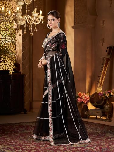 Image of Pandadi Saree Women's Net Embroidery Work Saree With Unstitched Blouse Piece
